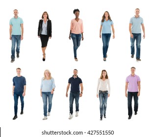 Collage Of Happy Creative People Walking Over White Background