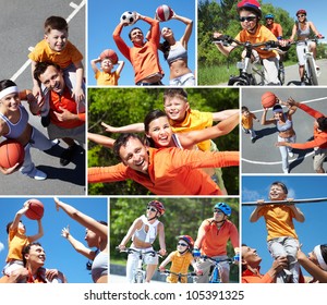 Collage of happy family at leisure in summer