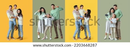 Collage of happy family in warm sweaters on yellow and green background