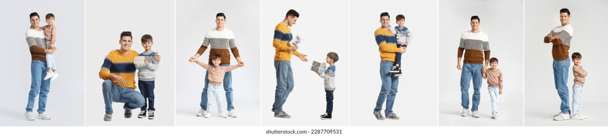 Collage of happy father and his little son on light background - Powered by Shutterstock