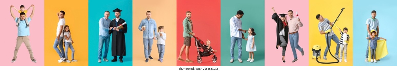 Collage with happy fathers and children on colorful background - Shutterstock ID 2156631215