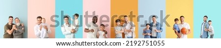 Collage with happy fathers and sons on color background