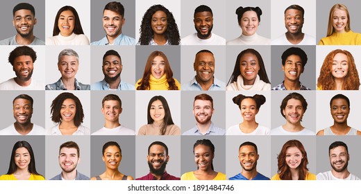 Collage Of Happy Multiracial People Faces With Smiling Females And Males Of Different Age Posing On Gray Backgrounds. Multiple Human Headshots. Social Diversity, Generation And Culture. Panorama
