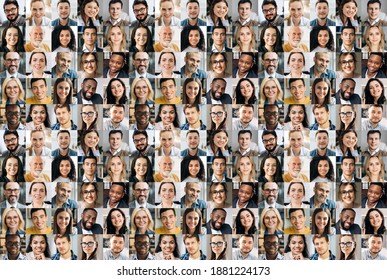 Collage of a lot of happy multiracial people looking at the camera. Many smiling multiethnic faces of successful business people on a screen of computer or laptop