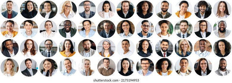 Collage Of A Lot Of Happy Multiracial People Looking At The Camera. Many Smiling Multiethnic Faces Of Successful Business People On A Screen Of Computer Or Laptop. Video Conference Concept