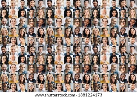 Collage of a lot of happy multiracial people looking at the camera. Many smiling multiethnic faces of successful business people on a screen of computer or laptop