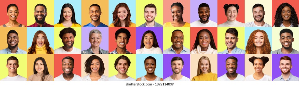 Collage Of Happy People Portraits With Smiling Faces Of Diverse Young And Mature Successful Men And Women Posing Over Colorful Studio Backgrounds. Headshots Collection. Social Variety. Panorama - Shutterstock ID 1892114839