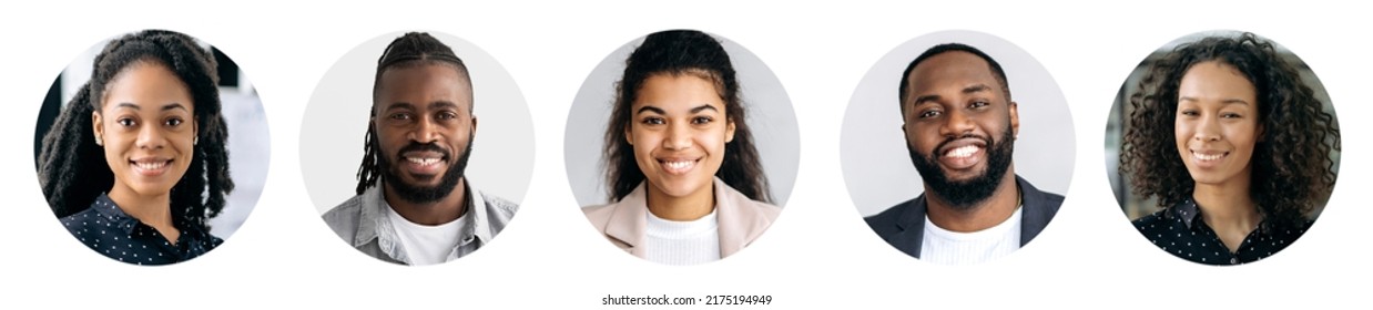 Collage Of A Happy Positive African American People, Men And Curly Haired Women, Looking At The Camera With Candid Friendly Smiling. Faces Of Dark Skinned Successful Confident People