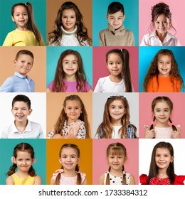 Collage Of Happy Smiling Faces Of Kids. Happy Child Girls And Boys Expressing Different Positive Emotions. Human Emotions, Facial Expression Concept.