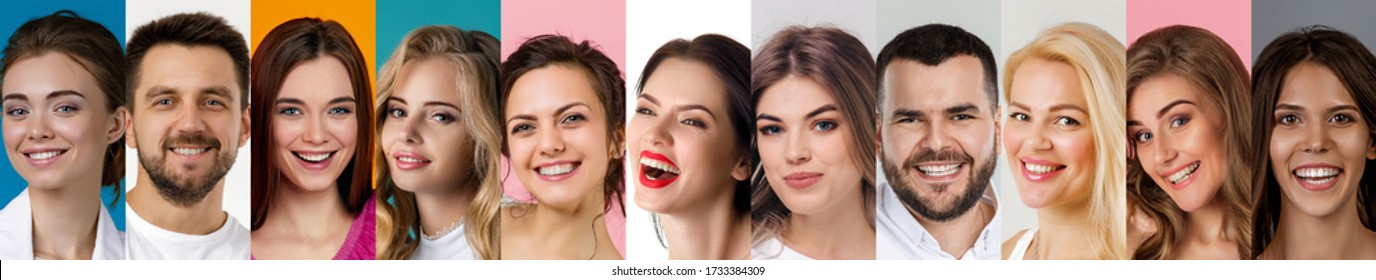 Collage Of Happy Smiling Faces Of People. Happy Men And Women Expressing Different Positive Emotions. Human Emotions, Facial Expression Concept.