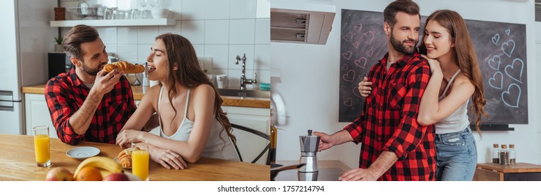 Collage Of Happy Young Couple Making Coffee In Geyser Coffee Maker And Having Breakfast In Kitchen, Horizontal Image