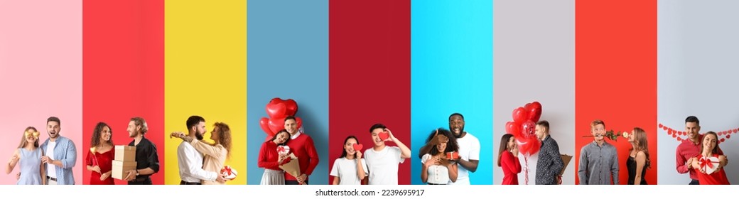 Collage of happy young couples on color background. Valentines Day celebration - Shutterstock ID 2239695917