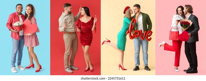 Collage with happy young couples on color background. Valentine's Day celebration - Shutterstock ID 2245731611