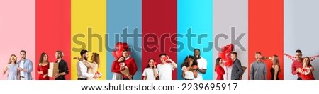 Collage of happy young couples on color background. Valentines Day celebration