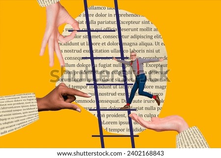 Collage of hardworking mature age experienced businessman climb ladder up upstairs ladder reaching barrier isolated on yellow background