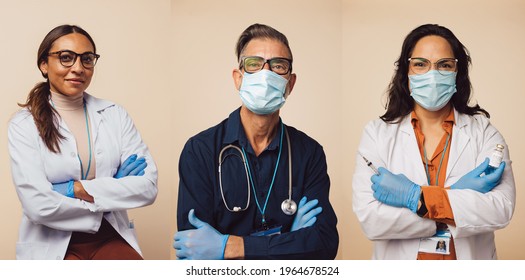 Collage of healthcare professionals during pandemic. Doctors wearing protective face masks and hand gloves with their arms crossed looking at camera. - Powered by Shutterstock