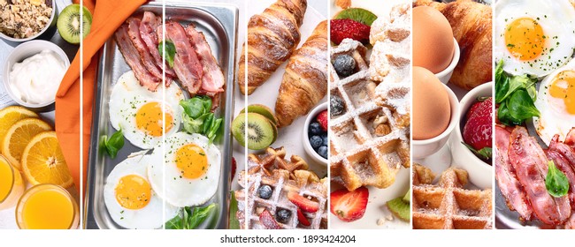 Collage of healthy breakfast with various products. Top view