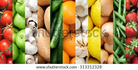 Collage of healthy food background raw fresh fruits and vegetables