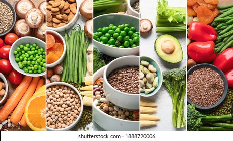 Collage Of Healthy Food For Vegans And Vegetarian.  Grains, Seeds, Nuts, Vegetables, Tofu. Food High In Antioxidants, Plant Protein, Dietary Fiber 
