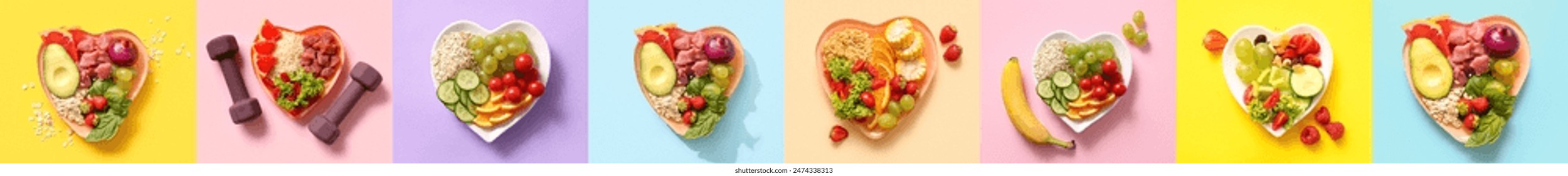 Collage of heart shaped plates with healthy products and dumbbells on color background - Powered by Shutterstock