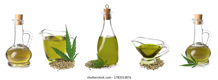 Collage With Hemp Oil On White Background, Banner Design