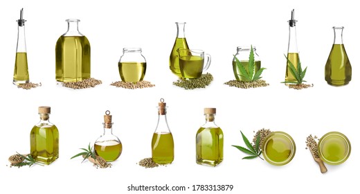Collage with hemp oil on white background, banner design