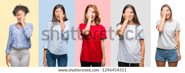 Collage of hispanic, african\
american, asian, indian women over vintage color background\
covering one eye with hand with confident smile on face and\
surprise emotion.