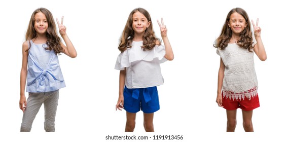 Collage of hispanic young child over isolated background showing and pointing up with fingers number two while smiling confident and happy.