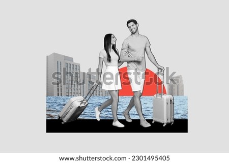 Collage of honeymoon marriage wife husband together walking dubai city streets with baggage seaside isolated on buildings background