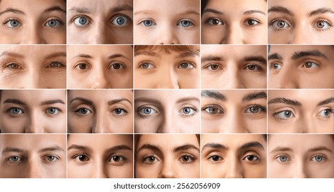 Collage of human faces, closeup view