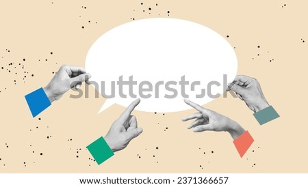 Collage with human hands holding speech bubble symbolizing communication and business cooperation. Concept of business, career development, teamwork, chat, working process. Dialog importance