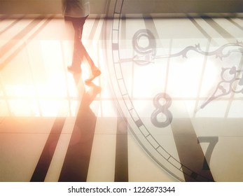 Collage of human legs are walking moment and flare light on surface of hallway with vintage clock face at 7.45 AM. that's time to nearly start works on business concept, motion action - Powered by Shutterstock