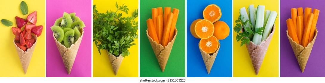 Collage of ice cream cone with fruit, berry and vegetable on  the colored background. Top view. - Powered by Shutterstock