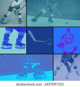 Collage of ice hockey images with players in motion, gear and arena setting. Capturing dynamic sports moments. Monochrome. Concept of sport, competition, championship, live event and tournament - Powered by Shutterstock