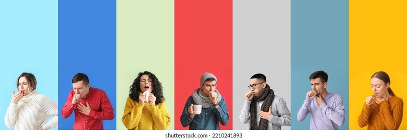 Collage of ill coughing people on color background - Shutterstock ID 2210241893