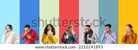 Collage of ill coughing people on color background