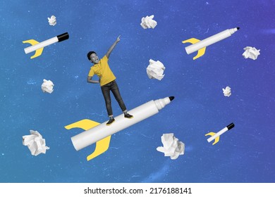 Collage illustration of excited small boy black white colors stand flight marker point finger isolated on drawing background
