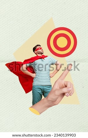 Collage illustration of funny strong best powerful superhero wear red mask cape self improvement challenge isolated on beige background