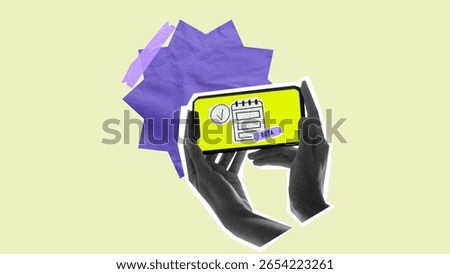 Collage illustration of hands testing beta version of financial planning app. Concept of app launch, budgeting, user interface test, fintech UX onboarding, checklist, product prototyping