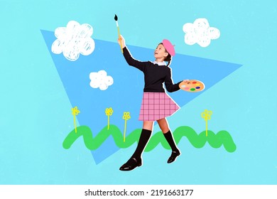 Collage illustration of small happy smiling girl hand hold tassel paint clouds sky grass flowers isolated on drawing background