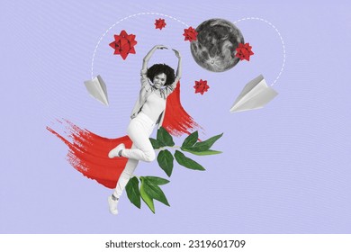 Collage illustration of young careless lady jumping love to the moon and back flying paper airplane flowers isolated on purple background