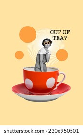 Collage illustration young girl send air kiss pouted lips inviting you teatime inside dotted cup isolated yellow background
