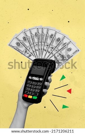 Collage image of arm hold pos wireless terminal dollars cash banknotes isolated on yellow painted background