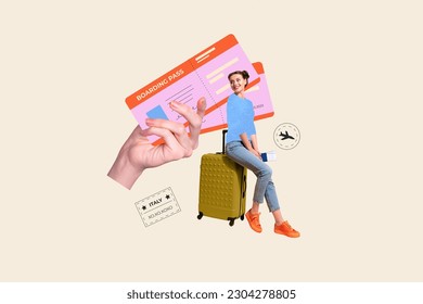 Collage image big arm hold boarding pass ticket mini girl sit suitcase flight italy isolated creative background