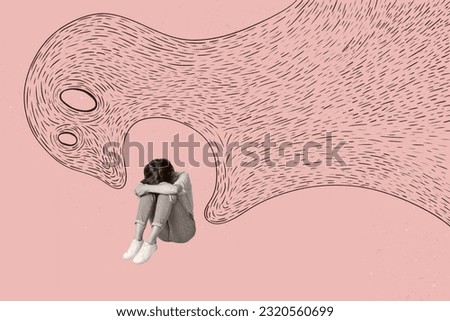 Collage image of big painted monster eating mini black white effect unsatisfied depressed girl isolated on beige background