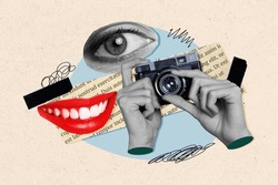 Collage Image Of Black White Effect Arms Hold Photo Camera Red Lips Smiling Mouth Watching Eye Book Page Piece Isolated On Beige Background