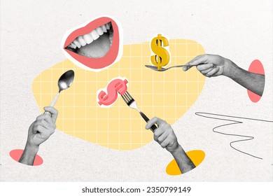 Collage image of black white effect arms hold spoon fork eat dollar money symbol big smiling mouth isolated on drawing background