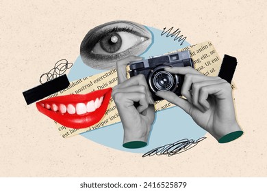Collage image of black white effect arms hold photo camera red lips smiling mouth watching eye book page piece isolated on beige background