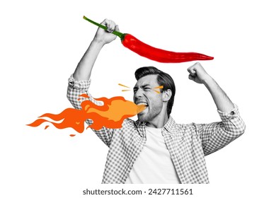 Collage image of black white effect crazy guy raise fist arm hold big spicy hot chili pepper fire flame breath mouth