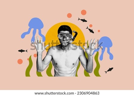 Collage image of black white effect guy scuba diving mask glasses drawing fish jellyfish isolated on beige background